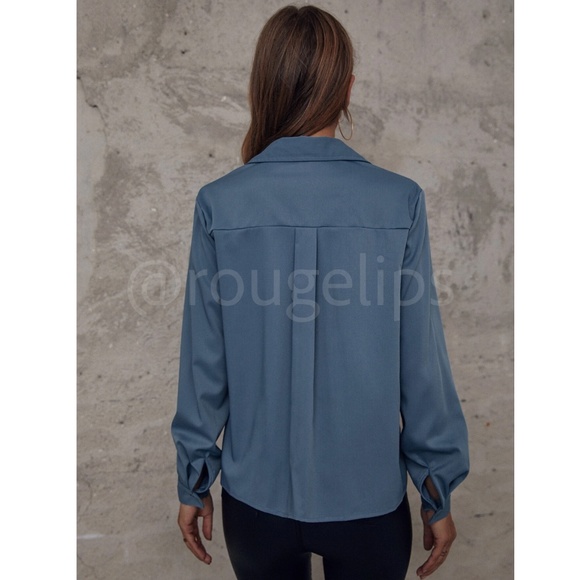 Blue Casual Button Up / Down Shirt Collar, V-Neck Button Front Long Sleeve - Picture 6 of 10